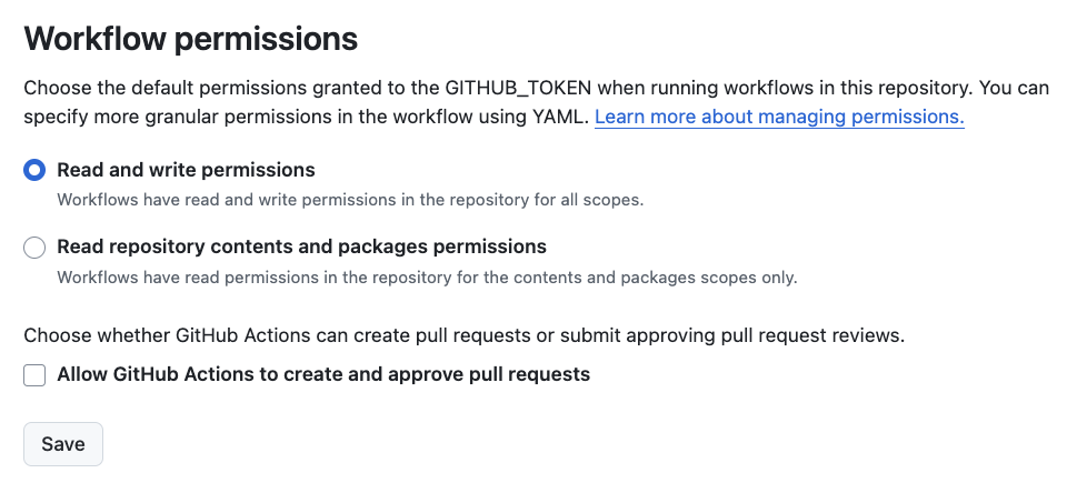 Tela de Workflow permissions, com a opção Read and write permissions marcada