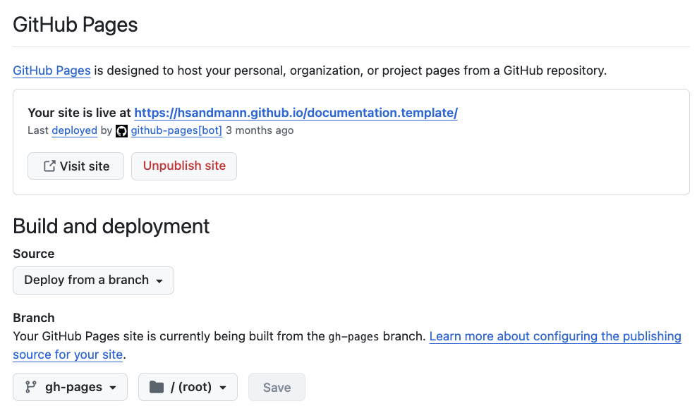 Tela de Settings → Pages com a branch gh-pages selecionada como fonte